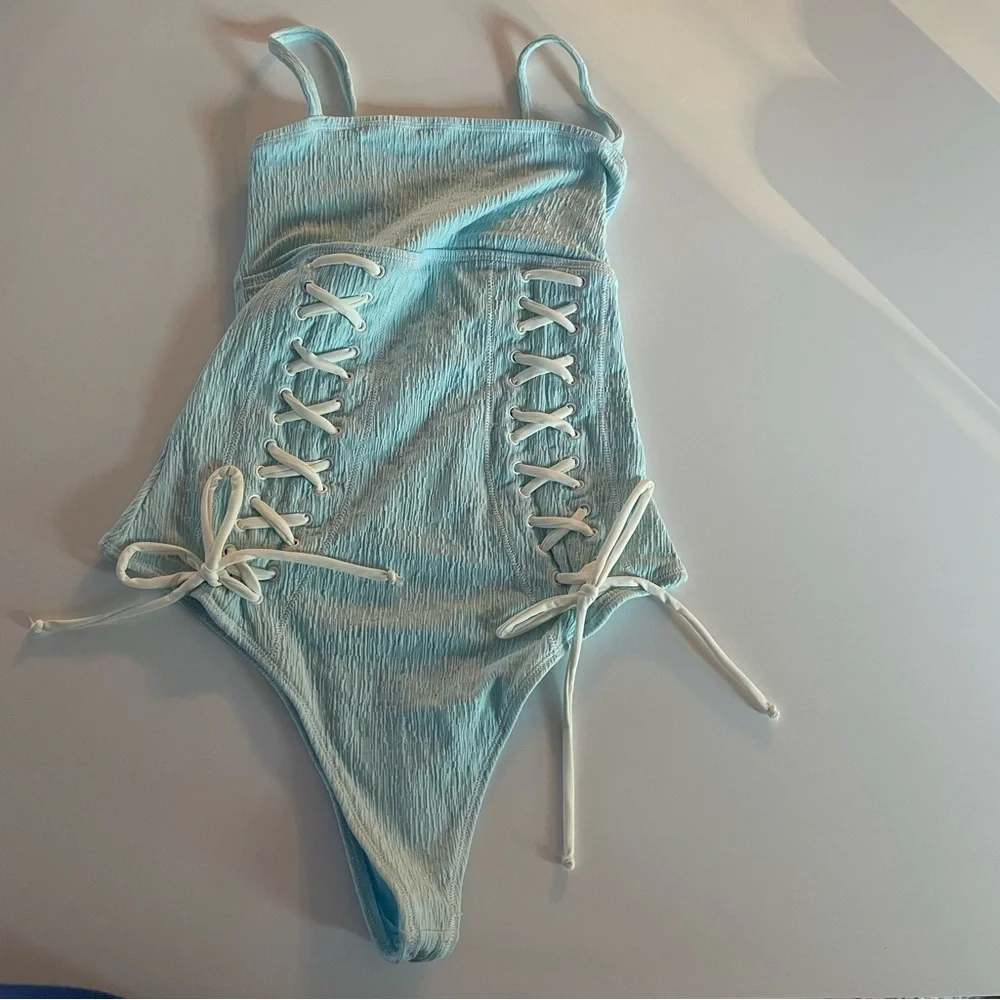 New! Frankie’s Bikinis Kylee lace-up one piece swimsuit blue 22752